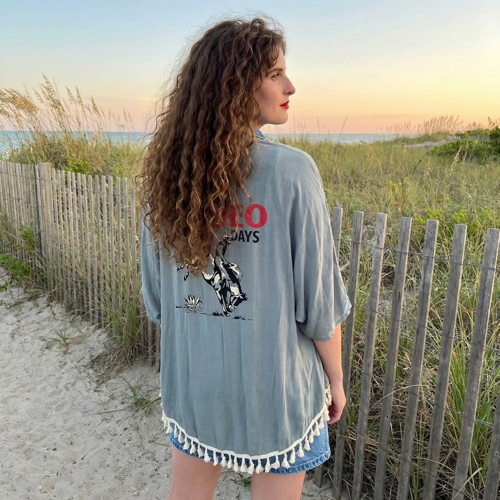 Cruel Denim Rodeo Days Tassel Trim Kimono Sage XL